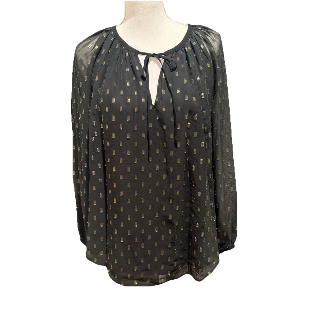Tahari Smocked Flowy Black And Gold Lured Clip Dot Top Womens Medium NWT